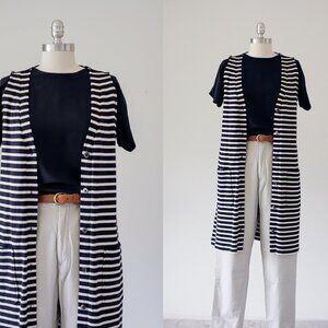 Vintage Navy Striped Button Up Duster Vest/Mini Dress